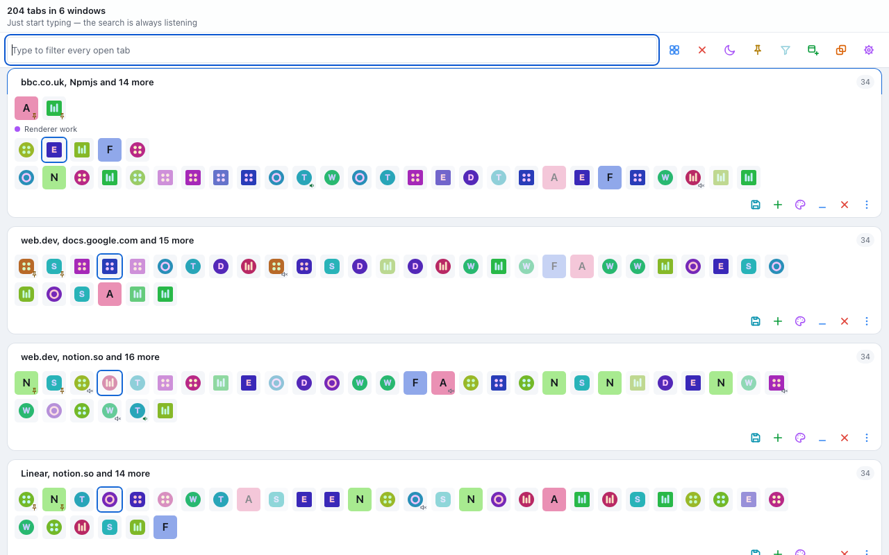 A light-themed grid of site icons, split into labelled window cards with tab counts, above a search field and a row of action buttons