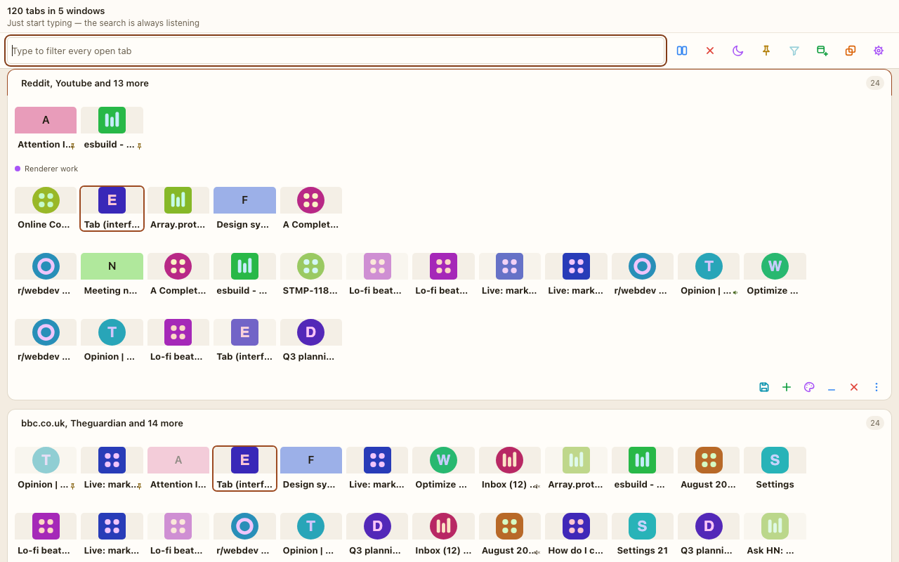 The grid in its large-tile layout on a warm light theme, each tile showing a site icon with the page title beneath it