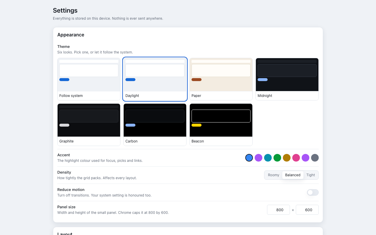 The settings page open on its appearance pane, showing a gallery of theme previews each painted in its own palette, an accent colour strip, and a density control